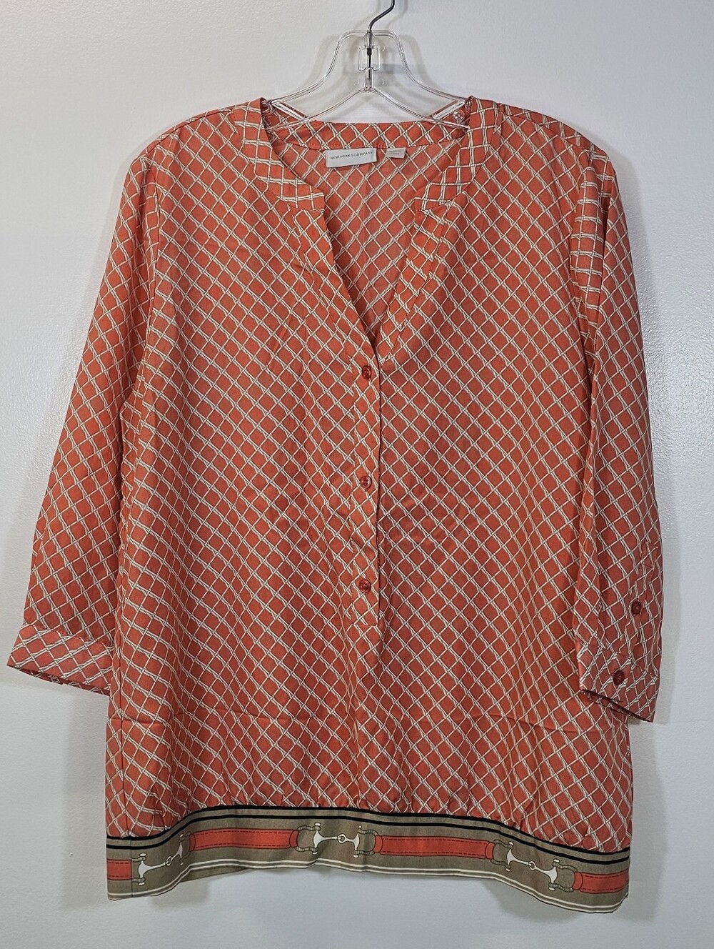 New York & Company Coral and Cream Geometric Button-Front Tunic with Border